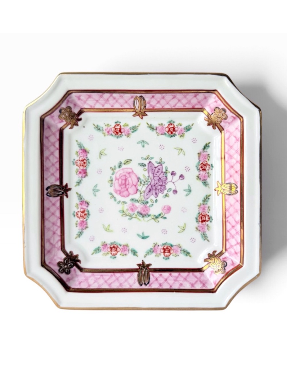 Vintage Chinoiserie Pink Famille Rose Floral Porcelain Decorative Trinket Dish